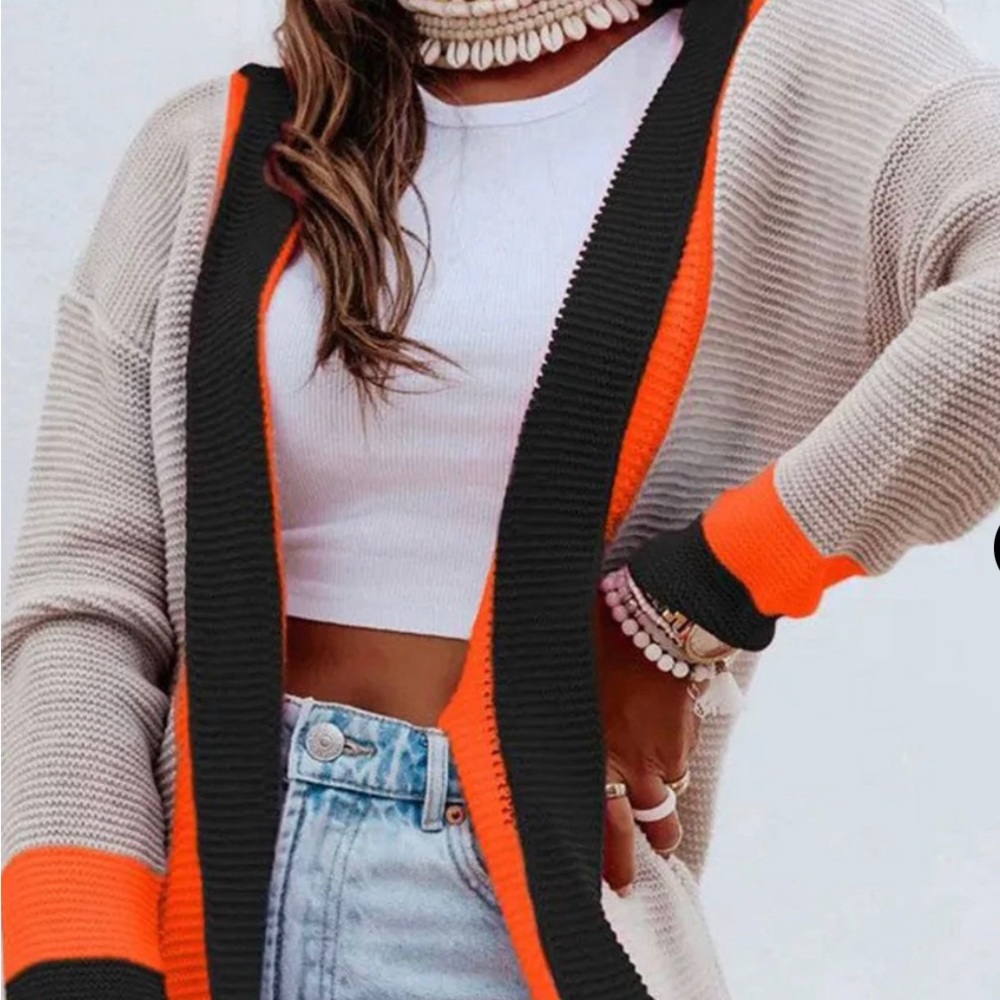 #14 Cersei Colour Block Longline Knitted Open Cardigan-Orange - LAST ONE - Picture 3 of 8